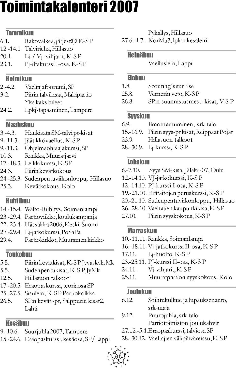 -18.3. Leikkikurssi, K-S P 24.3. Piirin kevätkokous 24.-25.3. Sudenpentuviikonloppu, Hillasuo 25.3. Kevätkokous, Kolo Huhtikuu 14.-15.4. Walto-Riihitys, Soimanlampi 23.-29.4. Partioviikko, koulukampanja 22.