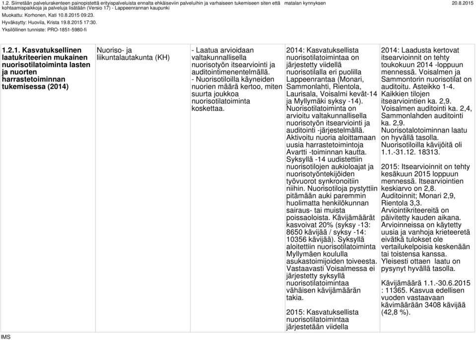 mukainen nuorisotilatoiminta lasten ja nuorten harrastetoiminnan tukemisessa (2014) Nuoriso- ja liikuntalautakunta (KH) - Laatua arvioidaan valtakunnallisella nuorisotyön itsearviointi ja