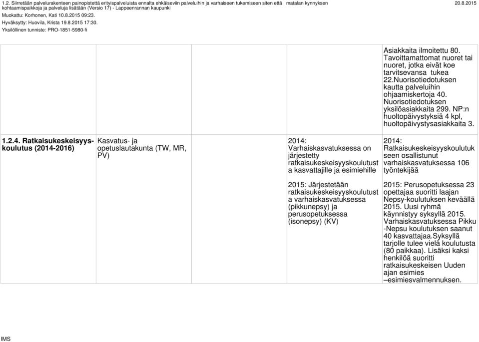 Ratkaisukeskeisyyskoulutus (2014-2016) Kasvatus- ja opetuslautakunta (TW, MR, PV) 2014: Varhaiskasvatuksessa on järjestetty ratkaisukeskeisyyskoulutust a kasvattajille ja esimiehille 2015: