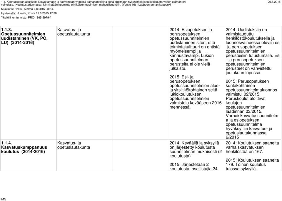 Yksilöllinen tunniste: PRO-1865-5979-fi 1.1.3. Opetussuunnitelmien uudistaminen (VK, PO, LU) (2014-