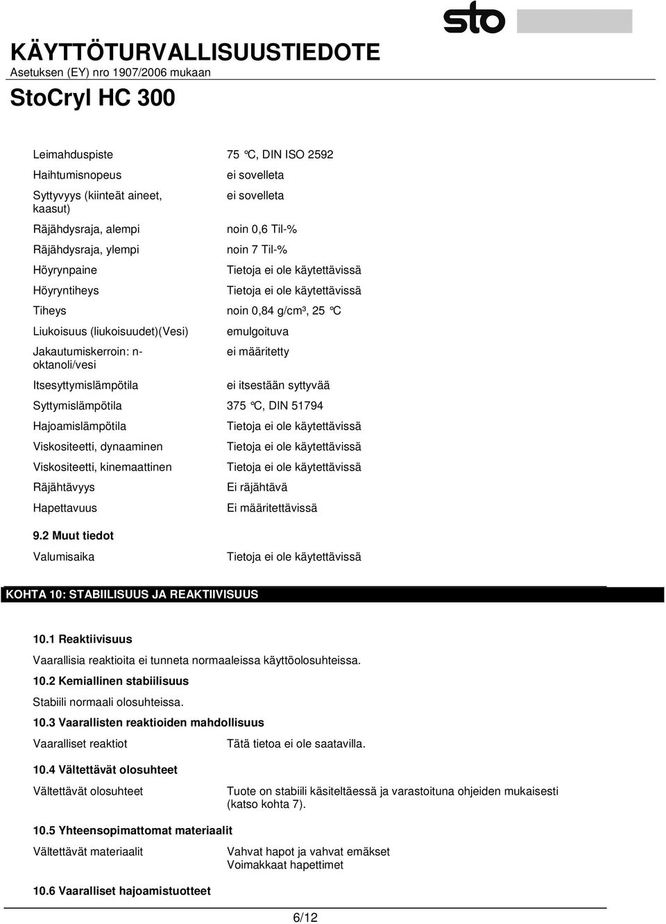 DIN 51794 Hajoamislämpötila Viskositeetti, dynaaminen Viskositeetti, kinemaattinen Räjähtävyys Hapettavuus Ei räjähtävä Ei määritettävissä 9.