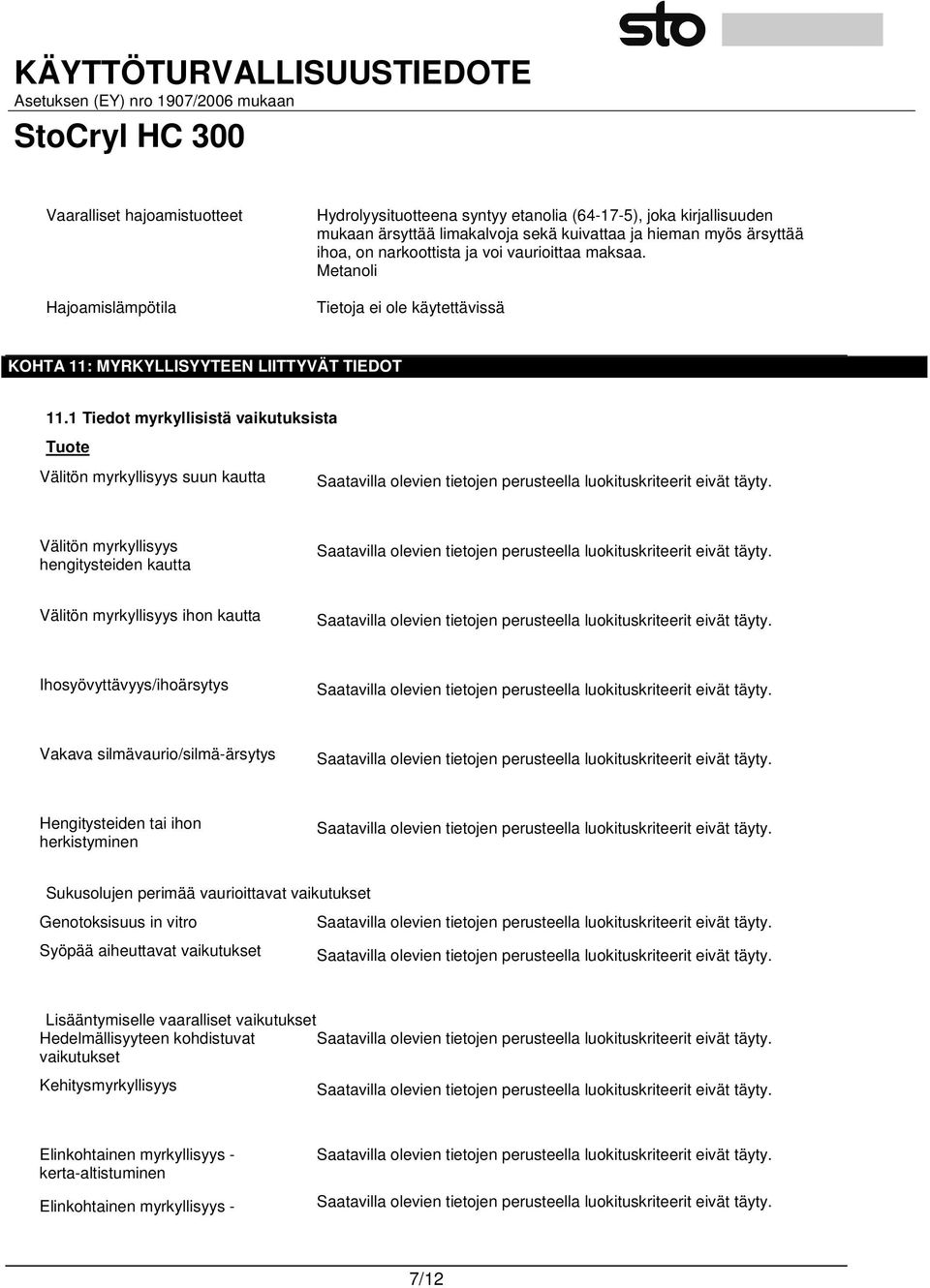 1 Tiedot myrkyllisistä vaikutuksista Tuote Välitön myrkyllisyys suun kautta Välitön myrkyllisyys hengitysteiden kautta Välitön myrkyllisyys ihon kautta Ihosyövyttävyys/ihoärsytys Vakava