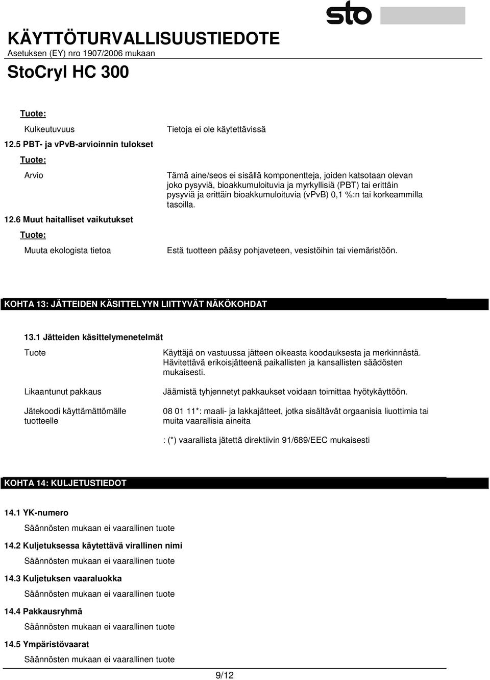 pysyviä ja erittäin bioakkumuloituvia (vpvb) 0,1 %:n tai korkeammilla tasoilla. Estä tuotteen pääsy pohjaveteen, vesistöihin tai viemäristöön. KOHTA 13: JÄTTEIDEN KÄSITTELYYN LIITTYVÄT NÄKÖKOHDAT 13.