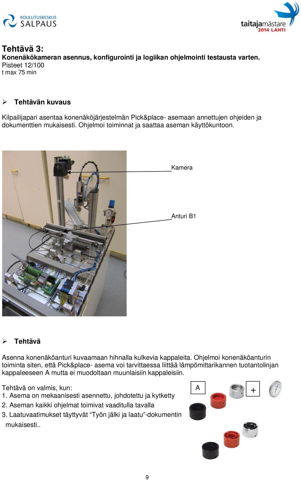 Ohjelmoi toiminnat ja saattaa aseman käyttökuntoon. Kamera Anturi B1 Tehtävä Asenna konenäköanturi kuvaamaan hihnalla kulkevia kappaleita.