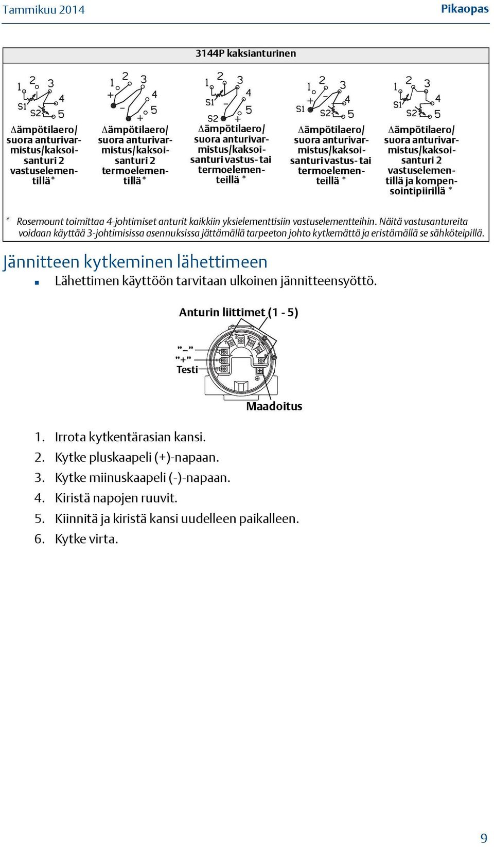 vastuselementillä ja kompensointipiirillä * * Rosemount toimittaa 4-johtimiset anturit kaikkiin yksielementtisiin vastuselementteihin.