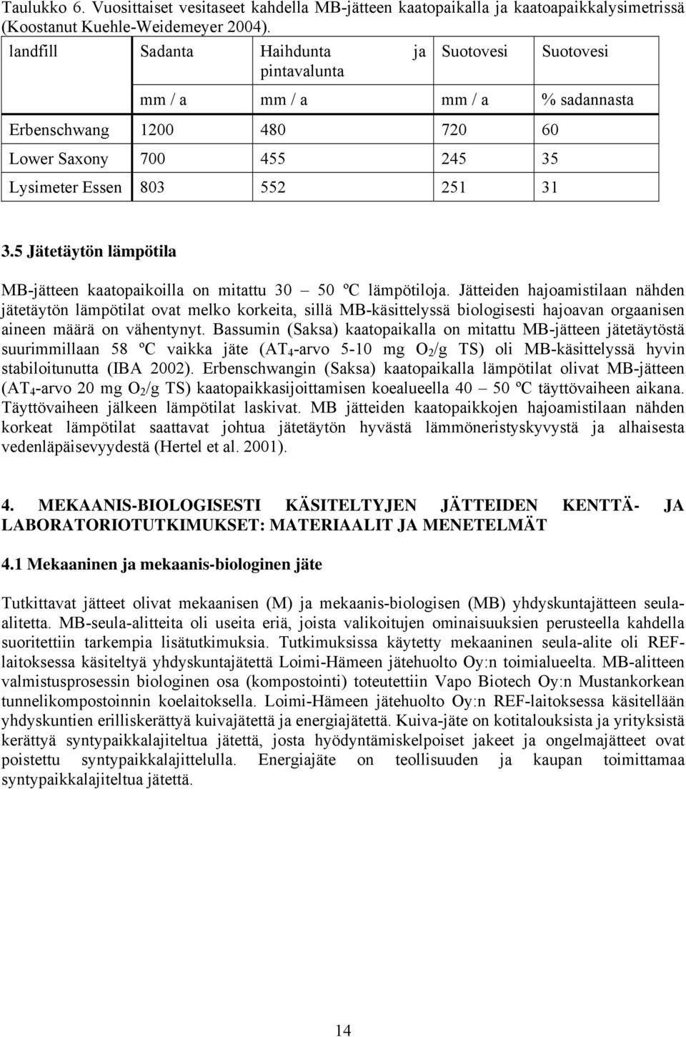 5 Jätetäytön lämpötila MB-jätteen kaatopaikoilla on mitattu 3 5 ºC lämpötiloja.