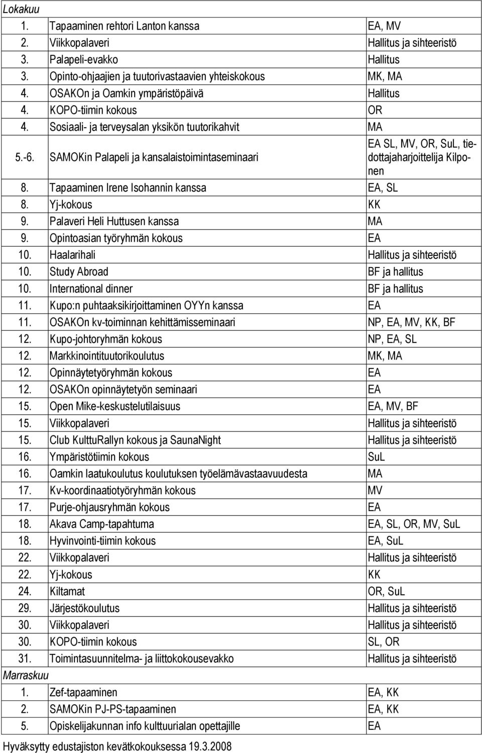 SAMOKin Palapeli ja kansalaistoimintaseminaari EA SL, MV, OR, SuL, tiedottajaharjoittelija Kilponen 8. Tapaaminen Irene Isohannin kanssa EA, SL 8. Yj-kokous KK 9. Palaveri Heli Huttusen kanssa MA 9.