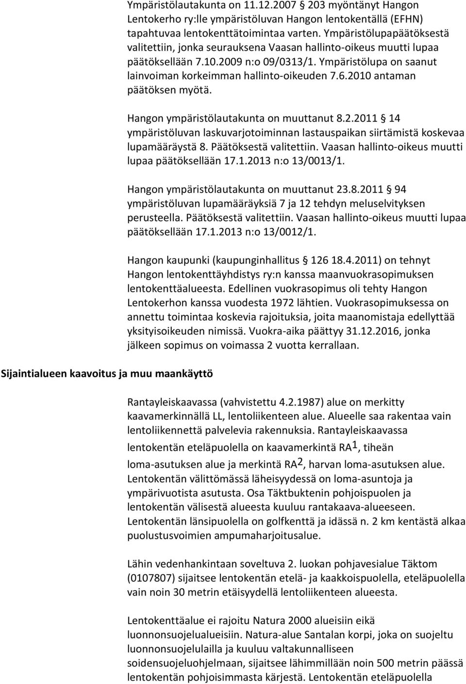 2010 antaman päätöksen myötä. Hangon ympäristölautakunta on muuttanut 8.2.2011 14 ympäristöluvan laskuvarjotoiminnan lastauspaikan siirtämistä koskevaa lupamääräystä 8. Päätöksestä valitettiin.