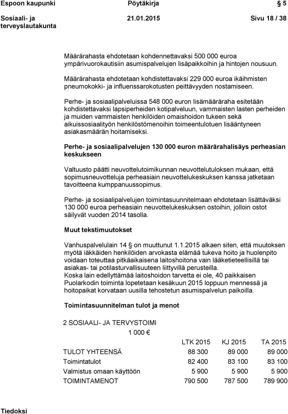 Perhe- ja sosiaalipalveluissa 548 000 euron lisämääräraha esitetään kohdistettavaksi lapsiperheiden kotipalveluun, vammaisten lasten perheiden ja muiden vammaisten henkilöiden omaishoidon tukeen sekä