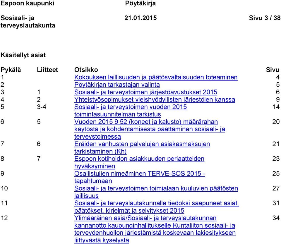 2015 6 4 2 Yhteistyösopimukset yleishyödyllisten järjestöjen kanssa 9 5 3-4 terveystoimen vuoden 2015 14 toimintasuunnitelman tarkistus 6 5 Vuoden 2015 9 52 (koneet ja kalusto) määrärahan 20 käytöstä