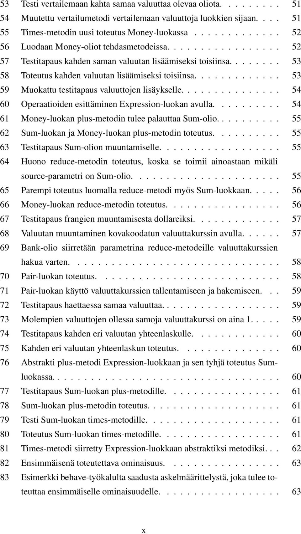 ............ 53 59 Muokattu testitapaus valuuttojen lisäykselle............... 54 60 Operaatioiden esittäminen Expression-luokan avulla.......... 54 61 Money-luokan plus-metodin tulee palauttaa Sum-olio.