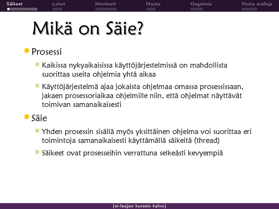 Käyttöjärjestelmä ajaa jokaista ohjelmaa omassa prosessissaan, jakaen prosessoriaikaa ohjelmille niin, että ohjelmat