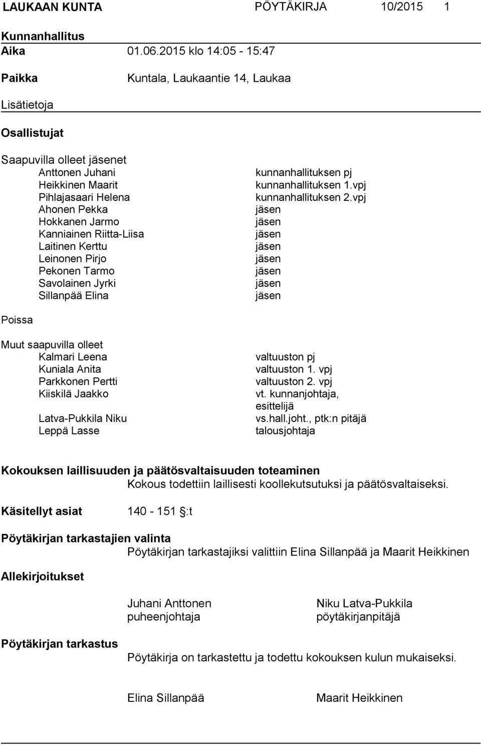 Kanniainen Riitta-Liisa Laitinen Kerttu Leinonen Pirjo Pekonen Tarmo Savolainen Jyrki Sillanpää Elina kunnanhallituksen pj kunnanhallituksen 1.vpj kunnanhallituksen 2.