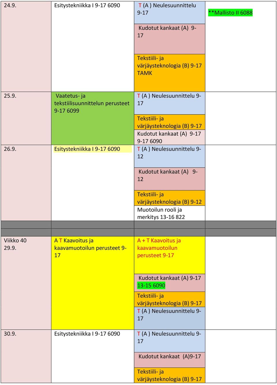 9. 9-6099 värjäysteknologia (B) 9- Kudotut kankaat (A) 9-9- 6090 26.9. Esitystekniikka I 9-6090 12 Kudotut kankaat (A) 9-12 värjäysteknologia (B) 9-12 Viikko 40 29.