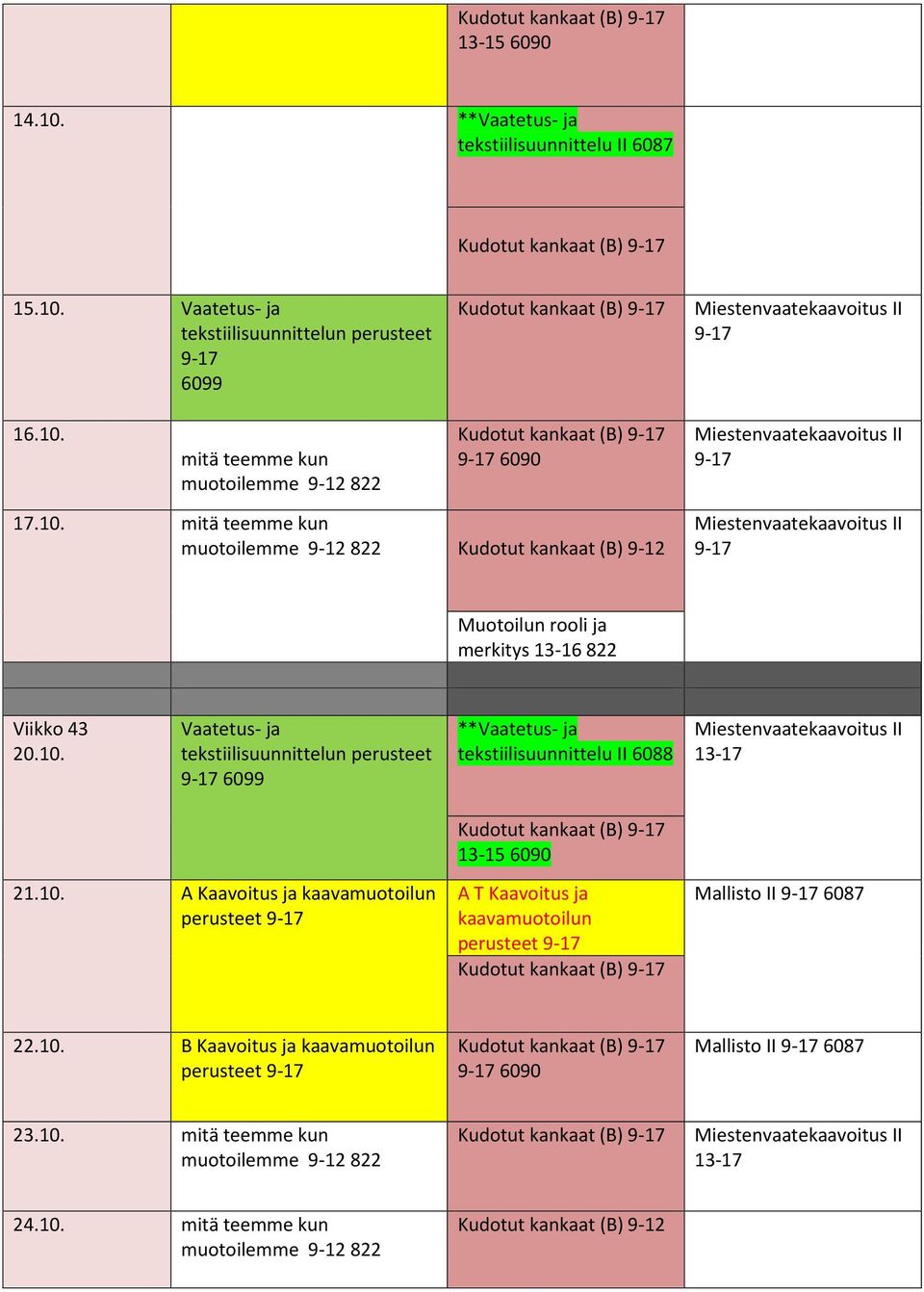 10. B Kaavoitus ja perusteet 9- Kudotut kankaat (B) 9-9- 6090 Mallisto II 9-6087 23.10. mitä teemme kun Kudotut kankaat (B) 9-13- 24.10. mitä teemme kun Kudotut kankaat (B) 9-12