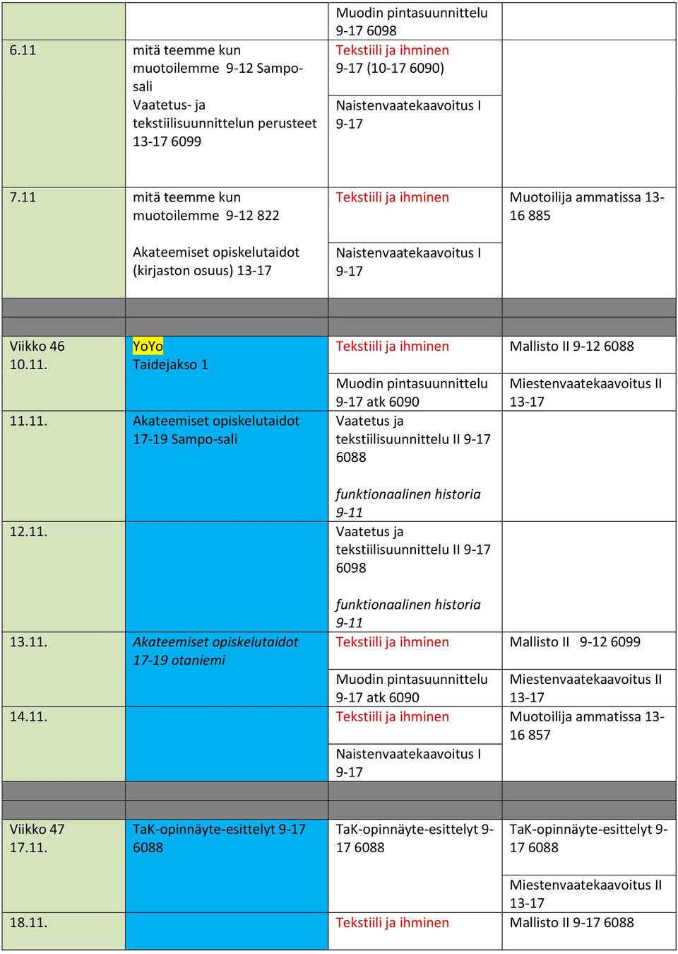 11. Vaatetus ja tekstiilisuunnittelu II 9-6098 13.11. Akateemiset opiskelutaidot -19 otaniemi Tekstiili ja ihminen Mallisto II 9-12 6099 9- atk 6090 13-14.11. Tekstiili ja ihminen Muotoilija ammatissa 13-16 857 9- Viikko 47.