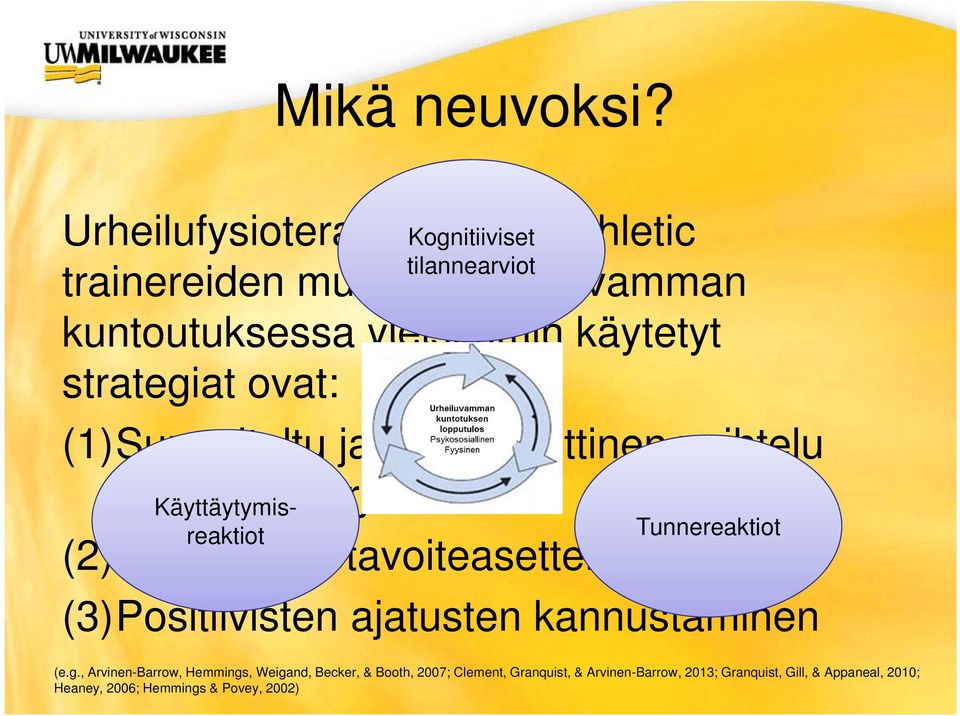 käytetyt strategiat ovat: (1)Suunniteltu ja systemaattinen vaihtelu kuntoutusharjoitteisiin Käyttäytymisreaktiot Tunnereaktiot