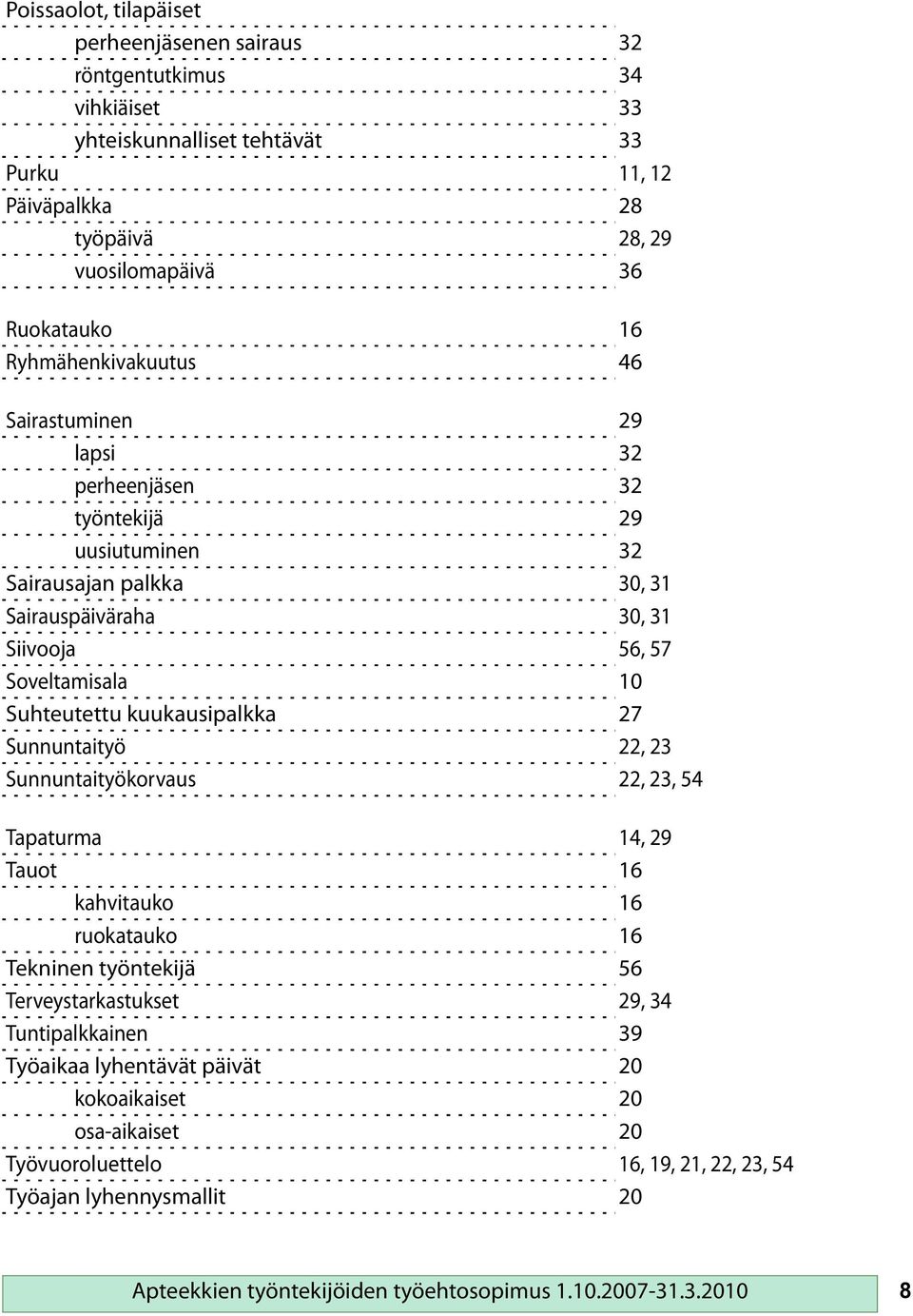 kuukausipalkka 27 Sunnuntaityö 22, 23 Sunnuntaityökorvaus 22, 23, 54 Tapaturma 14, 29 Tauot 16 kahvitauko 16 ruokatauko 16 Tekninen työntekijä 56 Terveystarkastukset 29, 34 Tuntipalkkainen