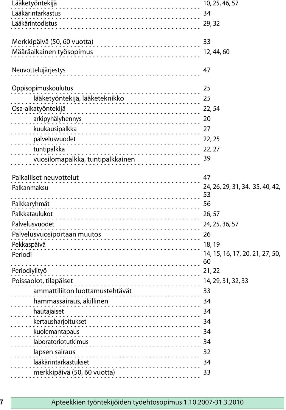 47 Palkanmaksu 24, 26, 29, 31, 34, 35, 40, 42, 53 Palkkaryhmät 56 Palkkataulukot 26, 57 Palvelusvuodet 24, 25, 36, 57 Palvelusvuosiportaan muutos 26 Pekkaspäivä 18, 19 Periodi 14, 15, 16, 17, 20, 21,