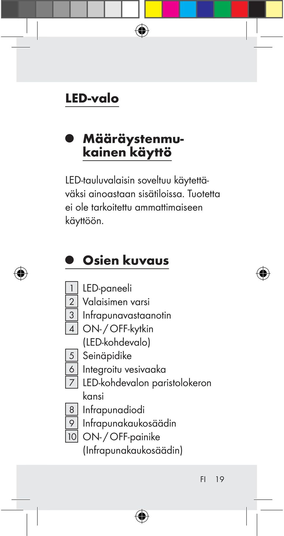 Osien kuvaus 1 LED-paneeli 2 Valaisimen varsi 3 Infrapunavastaanotin 4 ON- / OFF-kytkin (LED-kohdevalo) 5