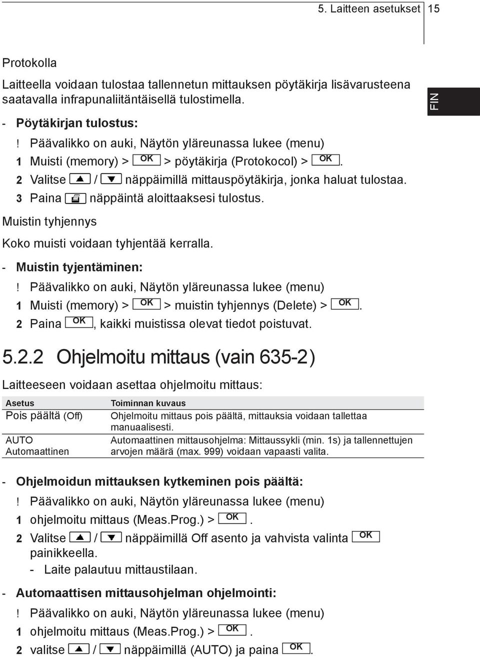 tulostus Muistin tyhjennys Koko muisti voidaan tyhjentää kerralla - Muistin tyjentäminen:!