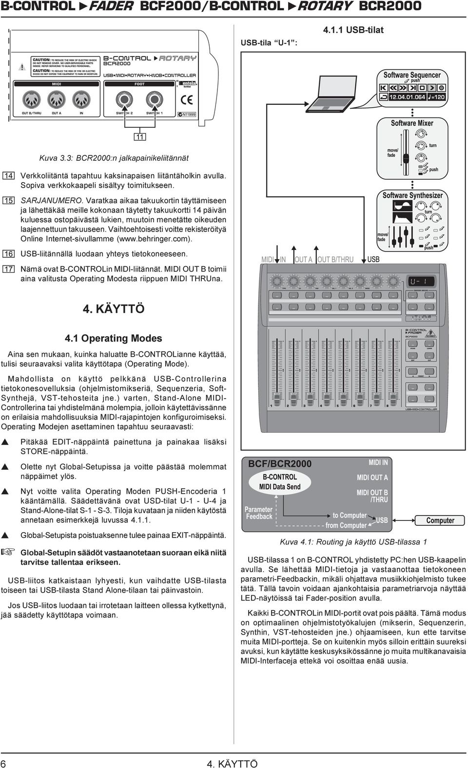 Vaihtoehtoieti voitte rekiteröityä Online Internet-ivullamme (www.behringer.com). USB-liitännällä luodaan yhtey tietokoneeeen. Nämä ovat B-CONTROLin MIDI-liitännät.