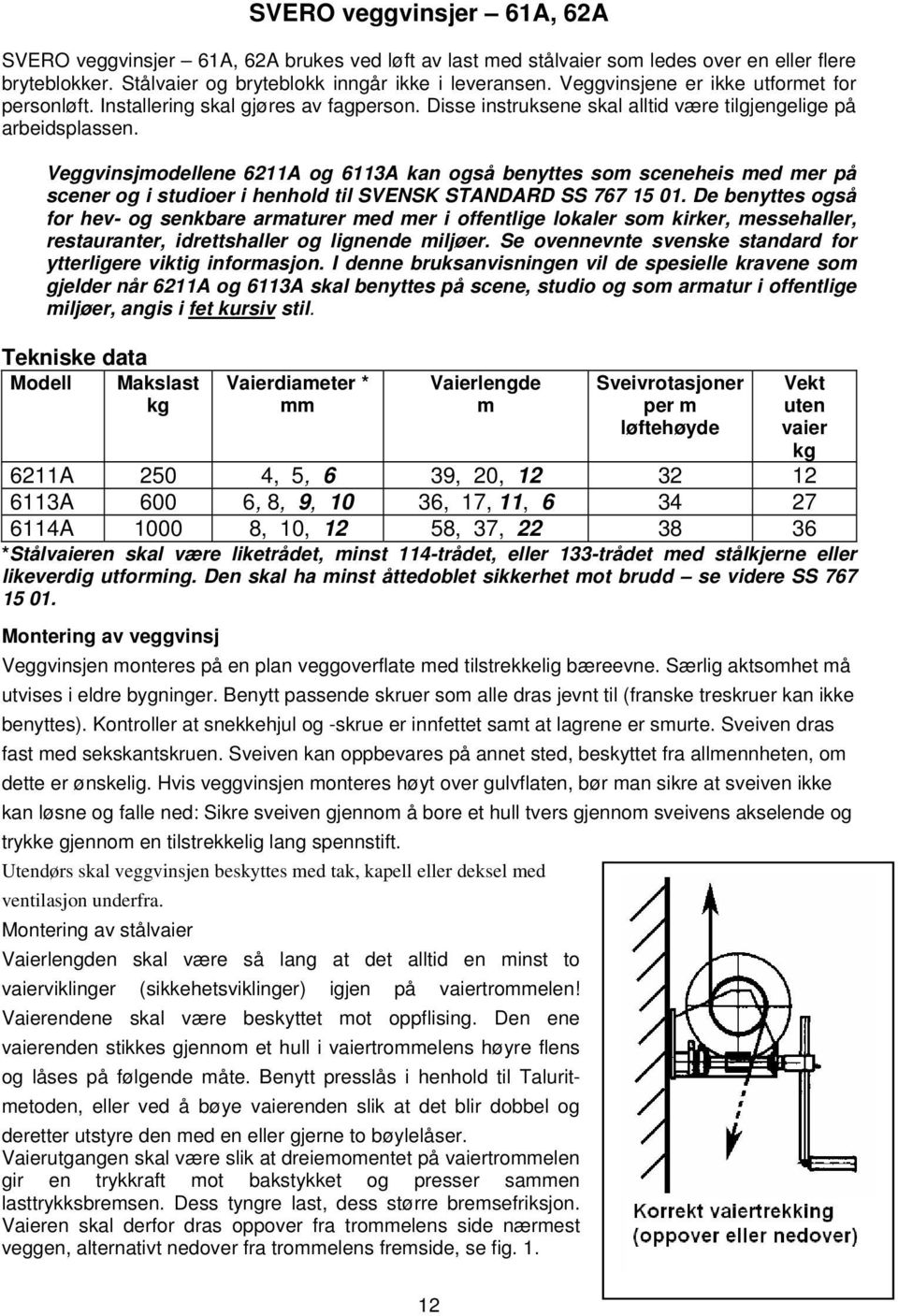 Veggvinsjmodellene 6211A og 6113A kan også benyttes som sceneheis med mer på scener og i studioer i henhold til SVENSK STANDARD SS 767 15 01.