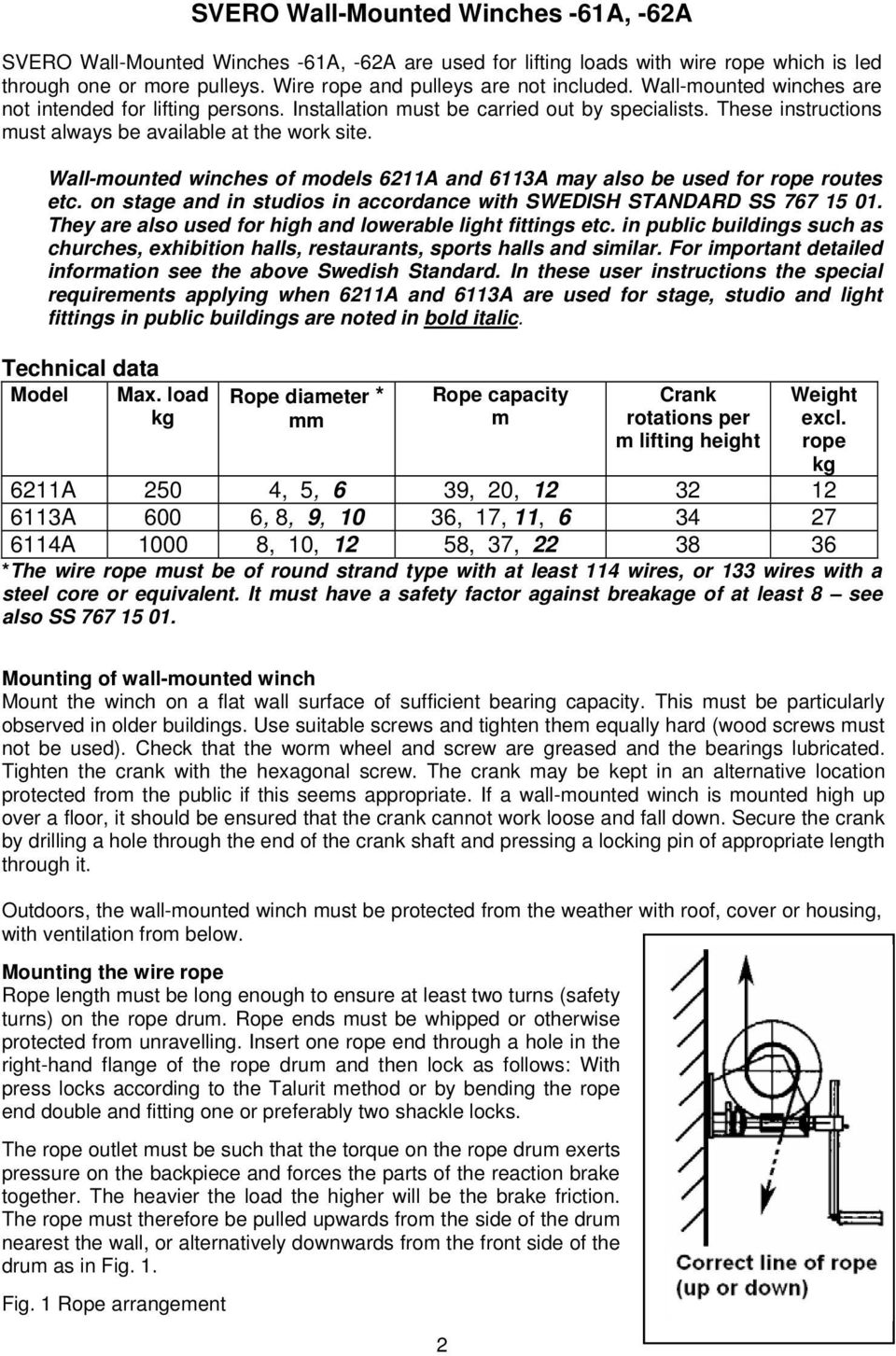 Wall-mounted winches of models 6211A and 6113A may also be used for rope routes etc. on stage and in studios in accordance with SWEDISH STANDARD SS 767 15 01.