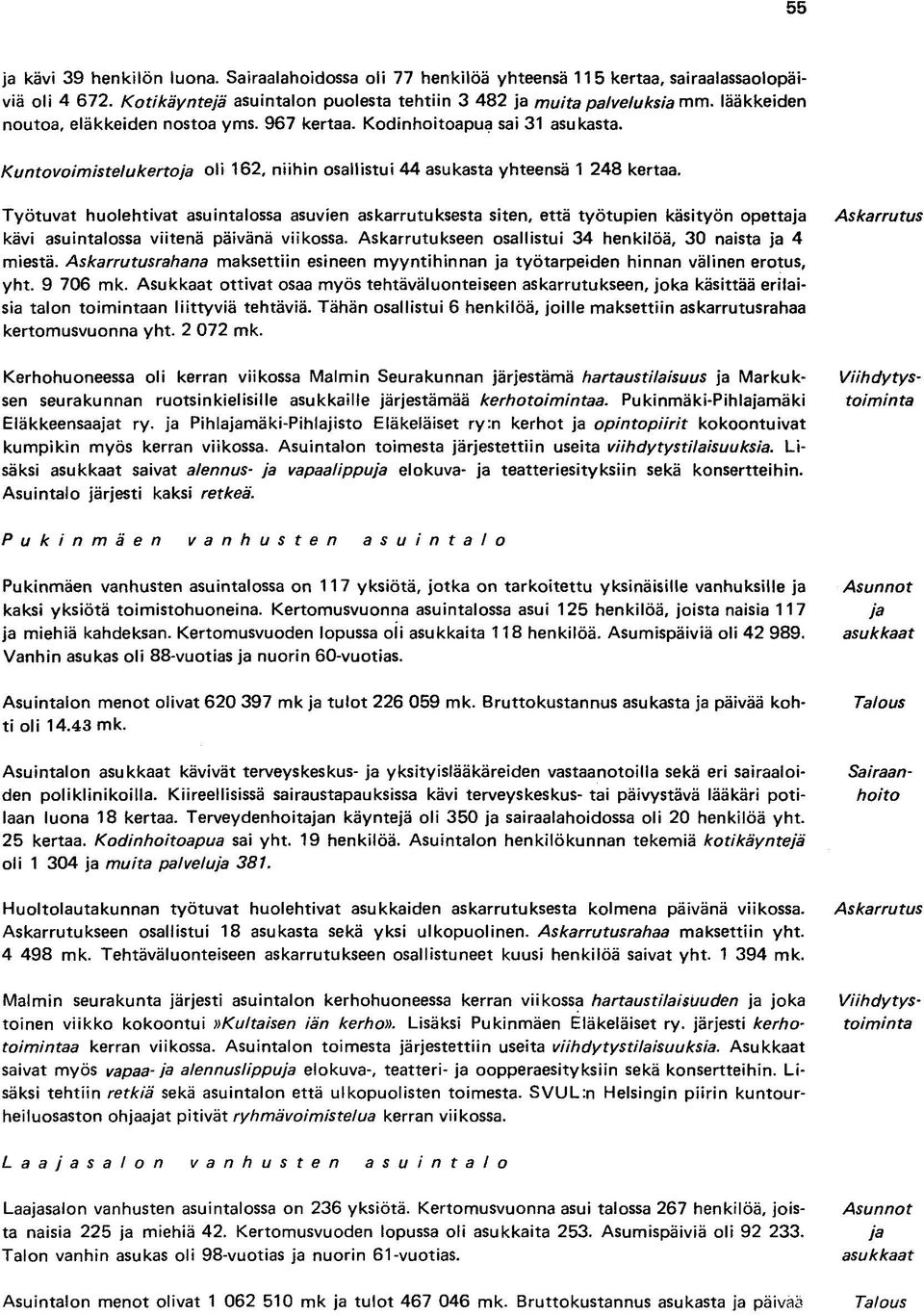 Työtuvat huolehtivat asuintalossa asuvien askarrutuksesta siten, että työtupien käsityön opetta kävi asuintalossa viitenä päivänä viikossa. Askarrutukseen osallistui 34 henkilöä, 30 naista 4 miestä.