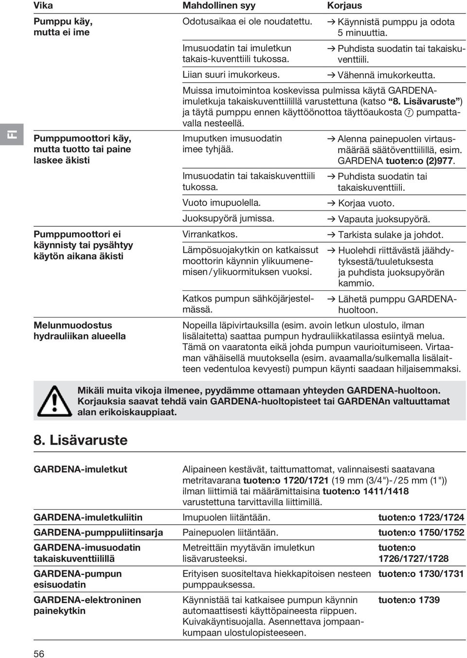 takais-kuventtiili tukossa. Liian suuri imukorkeus. v Puhdista suodatin tai takaiskuventtiili. v Vähennä imukorkeutta.