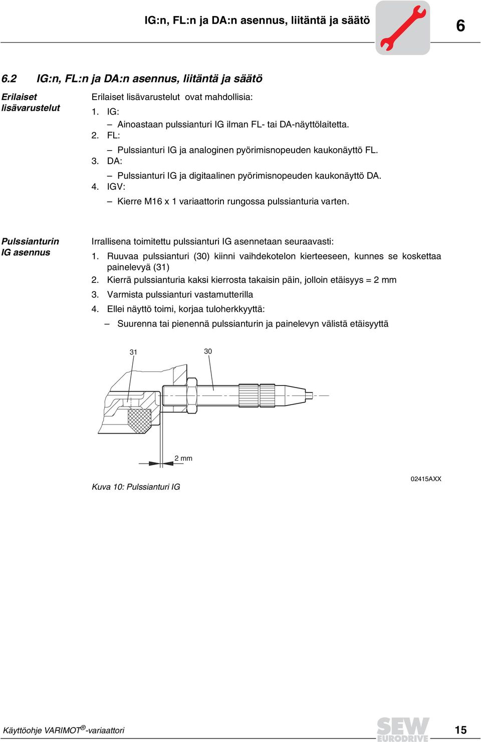 DA: Pulssianturi IG ja digitaalinen pyörimisnopeuden kaukonäyttö DA. 4. IGV: Kierre M16 x 1 variaattorin rungossa pulssianturia varten.