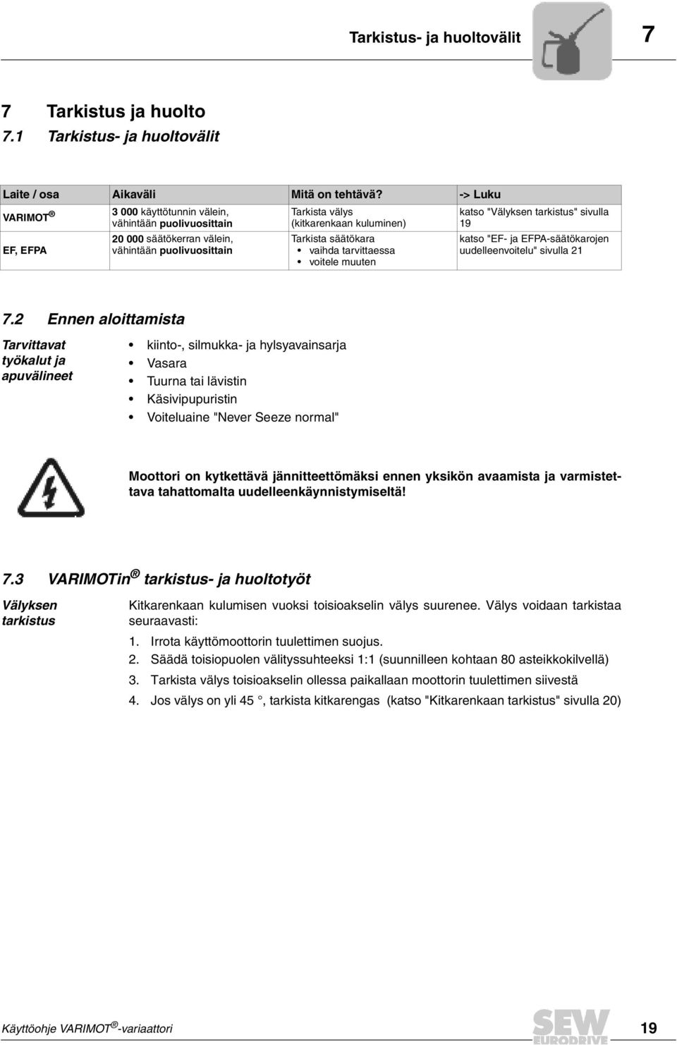 tarvittaessa voitele muuten katso "Välyksen tarkistus" sivulla 19 katso "EF- ja EFPA-säätökarojen uudelleenvoitelu" sivulla 21 7.