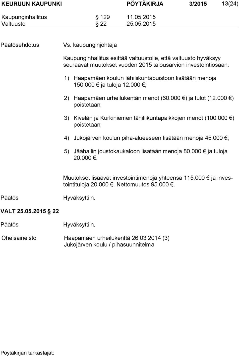 menoja 150.000 ja tuloja 12.000 ; 2) Haapamäen urheilukentän menot (60.000 ) ja tulot (12.000 ) pois te taan; 3) Kivelän ja Kurkiniemen lähiliikuntapaikkojen menot (100.