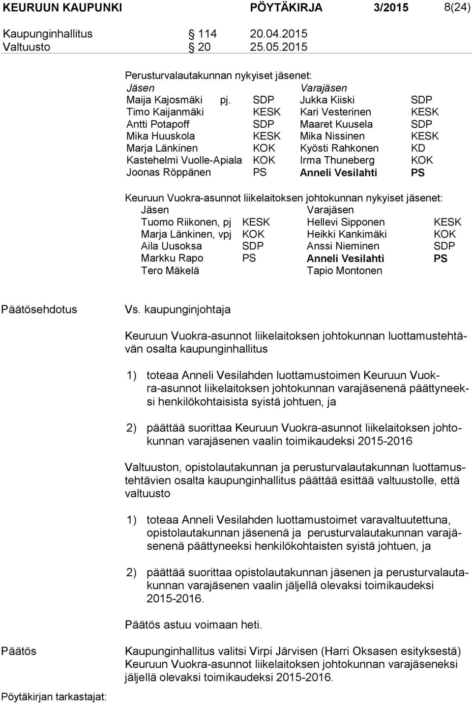 Vuolle-Apiala KOK Irma Thuneberg KOK Joonas Röppänen PS Anneli Vesilahti PS Keuruun Vuokra-asunnot liikelaitoksen johtokunnan nykyiset jäsenet: Jäsen Varajäsen Tuomo Riikonen, pj KESK Hellevi