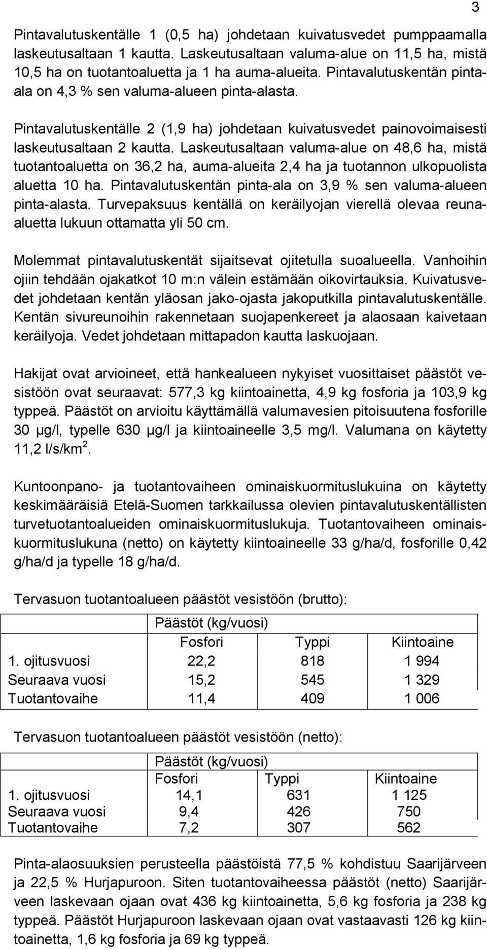 Laskeutusaltaan valuma-alue on 48,6 ha, mistä tuotantoaluetta on 36,2 ha, auma-alueita 2,4 ha ja tuotannon ulkopuolista aluetta 10 ha.