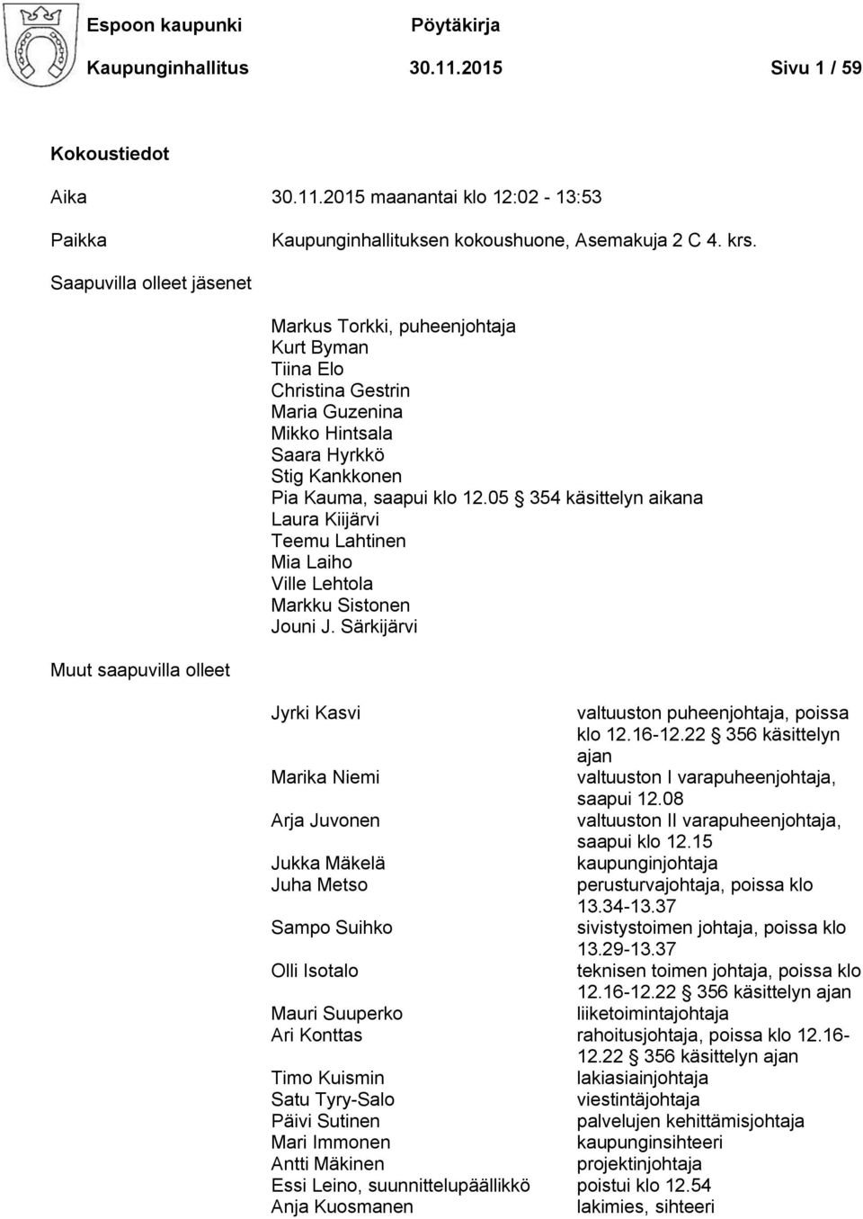 05 354 käsittelyn aikana Laura Kiijärvi Teemu Lahtinen Mia Laiho Ville Lehtola Markku Sistonen Jouni J. Särkijärvi Muut saapuvilla olleet Jyrki Kasvi valtuuston puheenjohtaja, poissa klo 12.16-12.