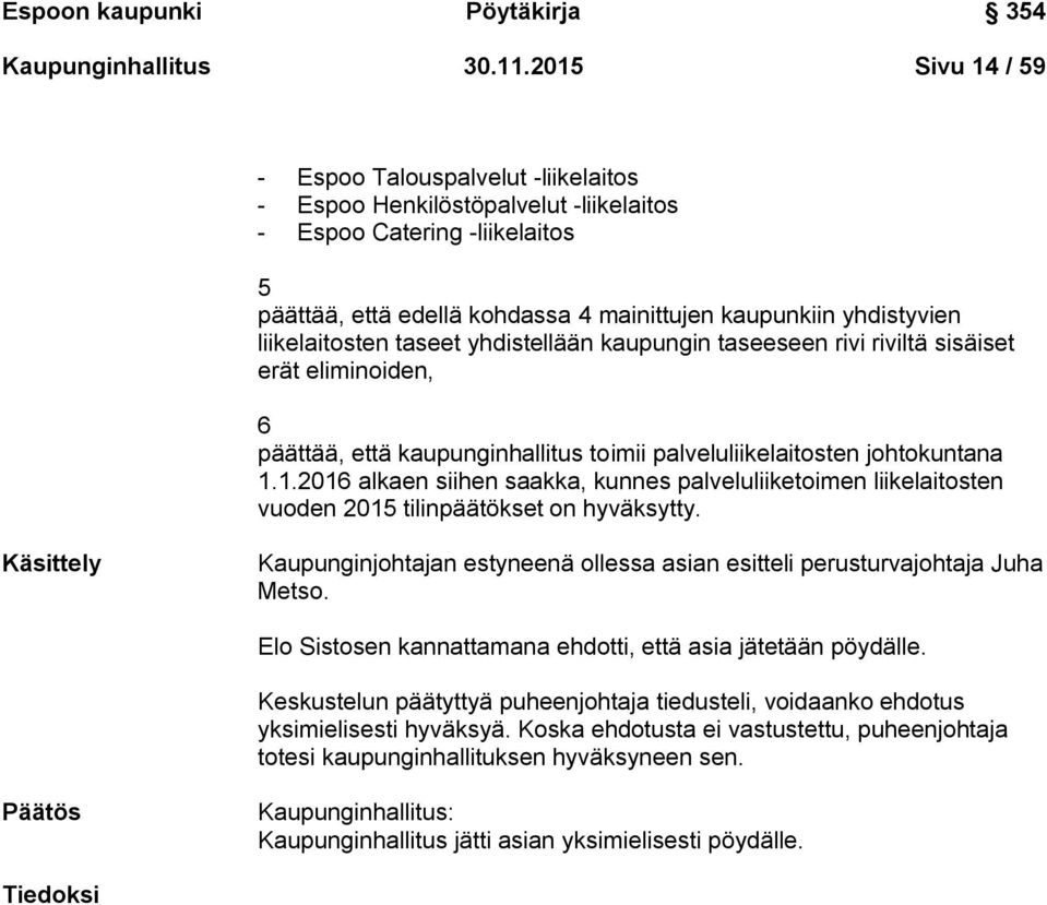 liikelaitosten taseet yhdistellään kaupungin taseeseen rivi riviltä sisäiset erät eliminoiden, 6 päättää, että kaupunginhallitus toimii palveluliikelaitosten johtokuntana 1.