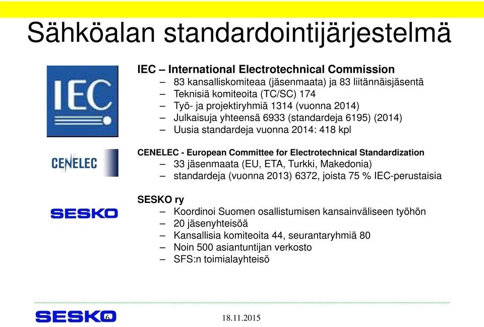 Committee for Electrotechnical Standardization 33 jäsenmaata (EU, ETA, Turkki, Makedonia) standardeja (vuonna 2013) 6372, joista 75 % IEC-perustaisia SESKO ry