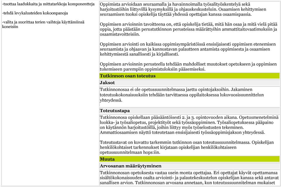 Osaamisen kehittymisen Oppimisen arvioinnin tavoitteena on, että opiskelija tietää, mitä hän osaa ja mitä vielä pitää oppia, jotta päästään perustutkinnon perusteissa määrättyihin