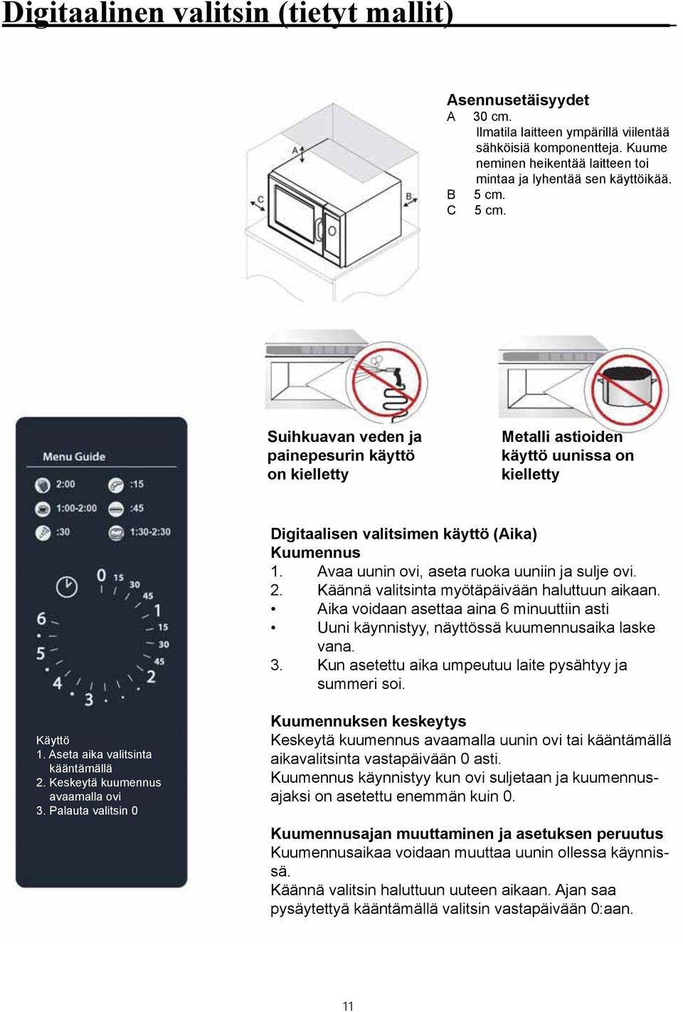 Avaa uunin ovi, aseta ruoka uuniin ja sulje ovi. 2. Käännä valitsinta myötäpäivään haluttuun aikaan. Aika voidaan asettaa aina 6 minuuttiin asti Uuni käynnistyy, näyttössä kuumennusaika laske vana. 3.