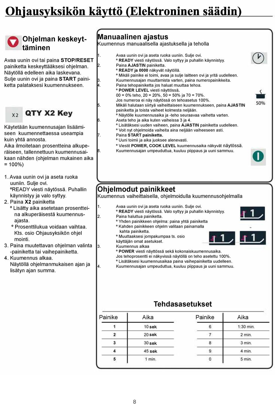 Aika ilmoitetaan prosentteina alkuperäiseen, tallennettuun kuumennusaikaan nähden (ohjelman mukainen aika = 100%) Manuaalinen ajastus Kuumennus manuaalisella ajastuksella ja teholla 1.