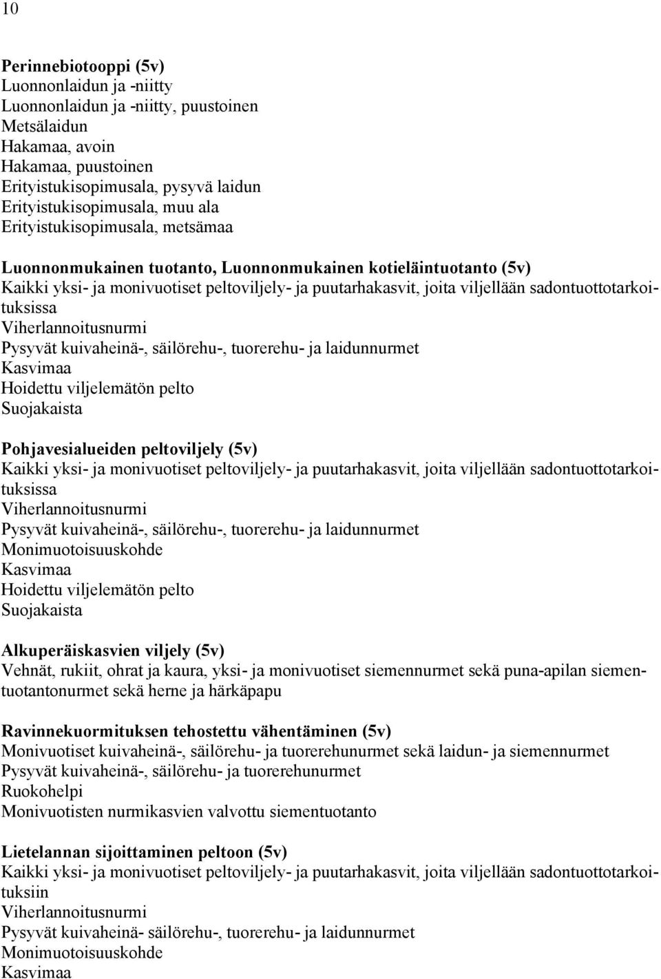 sadontuottotarkoituksissa Viherlannoitusnurmi Pysyvät kuivaheinä-, säilörehu-, tuorerehu- ja laidunnurmet Kasvimaa Hoidettu viljelemätön pelto Suojakaista Pohjavesialueiden peltoviljely (5v) Kaikki