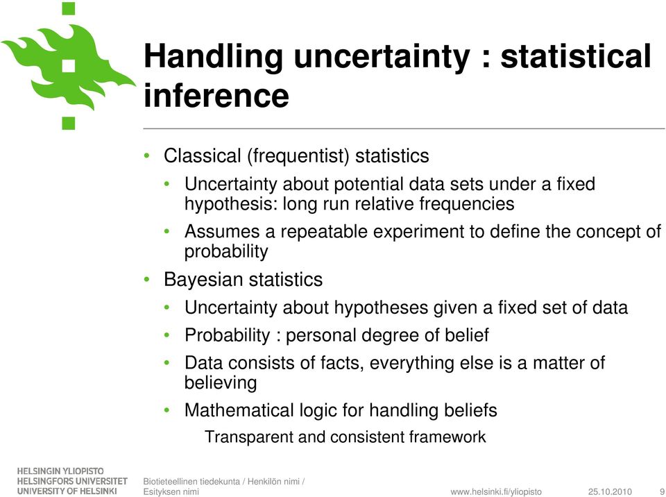 hypotheses given a fixed set of data Probability : personal degree of belief Data consists of facts, everything else is a matter of believing