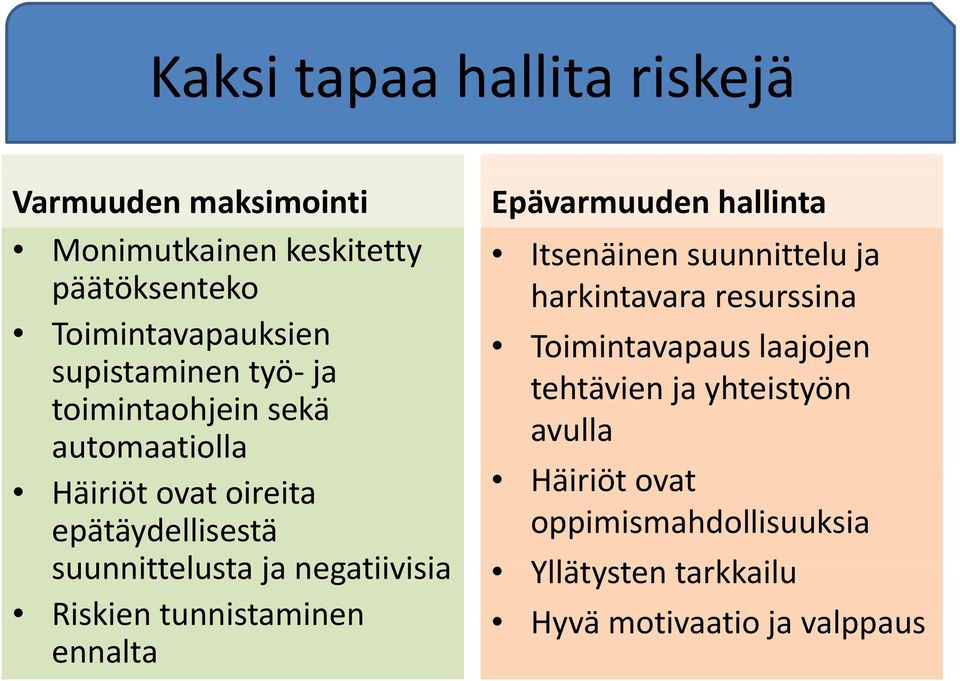 janegatiivisia Riskien tunnistaminen ennalta Epävarmuuden hallinta Itsenäinen suunnittelu ja harkintavara resurssina