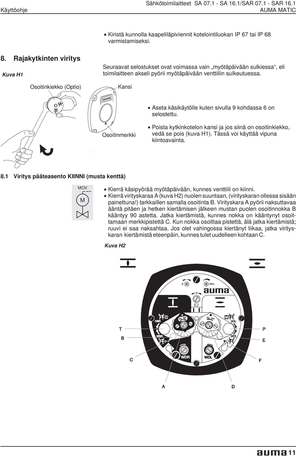 Kansi Osoitinmerkki. Aseta käsikäytölle kuten sivulla 9 kohdassa 6 on selostettu.. Poista kytkinkotelon kansi ja jos siinä on osoitinkiekko, vedä se pois (kuva H1).