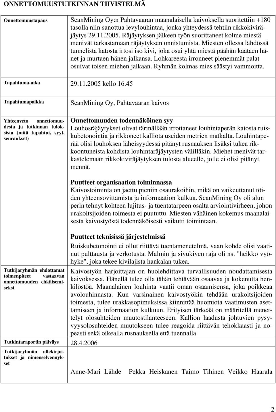 Miesten ollessa lähdössä tunnelista katosta irtosi iso kivi, joka osui yhtä miestä päähän kaataen hänet ja murtaen hänen jalkansa. Lohkareesta irronneet pienemmät palat osuivat toisen miehen jalkaan.