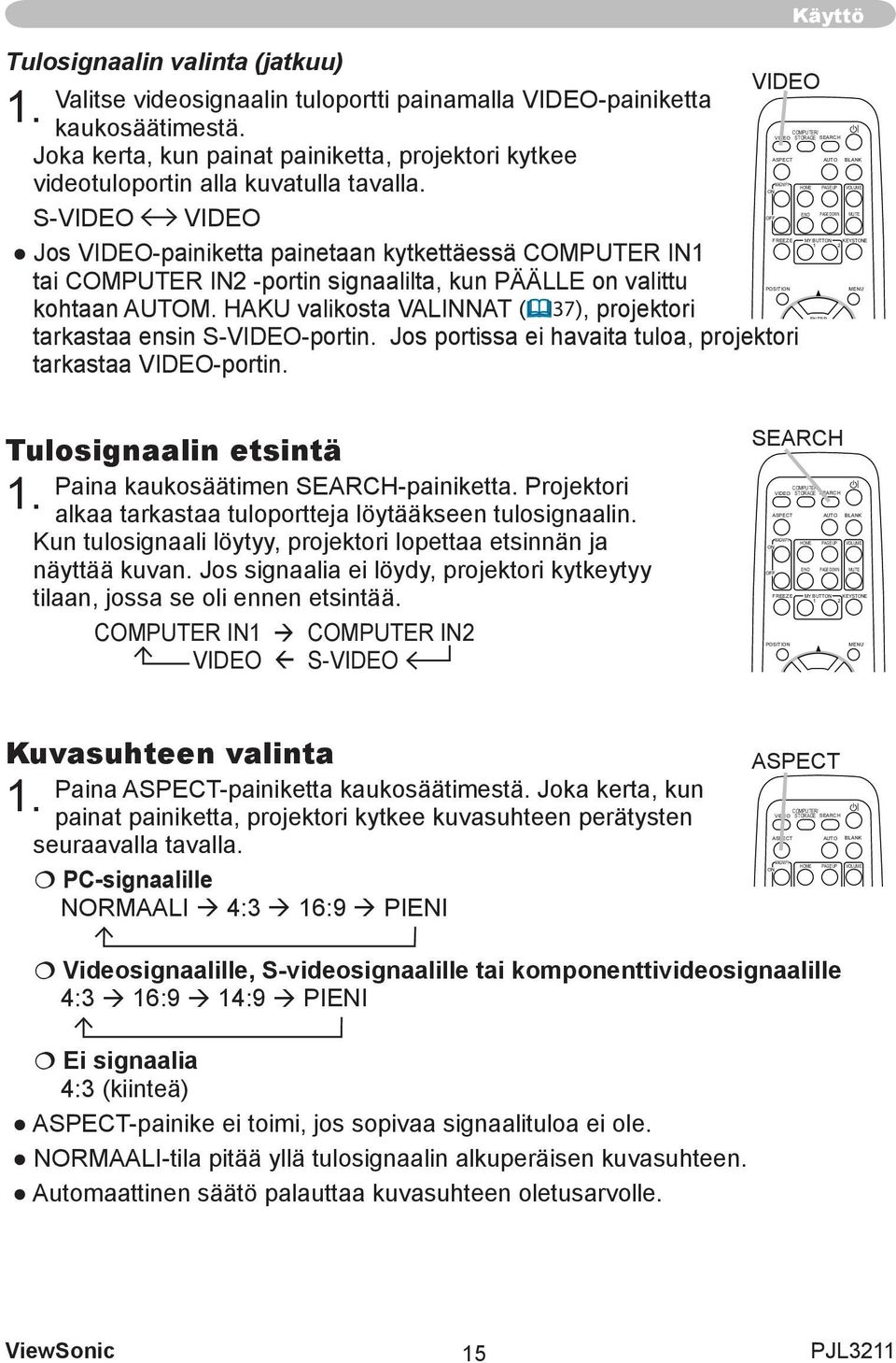 HOME ON END OFF S-VIDEO VIDEO FREEZE Jos VIDEO-painiketta painetaan kytkettäessä COMPUTER IN1 tai COMPUTER IN2 -portin signaalilta, kun PÄÄLLE on valittu POSITION kohtaan AUTOM.