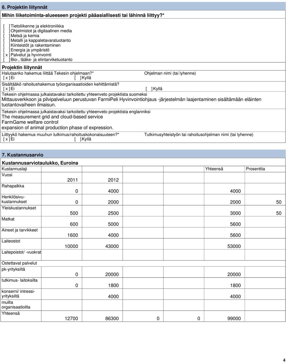 Palvelut ja hyvinvointi [ ] Bio-, lääke- ja elintarviketuotanto Projektin liitynnät Halutaanko hakemus liittää Tekesin ohjelmaan?