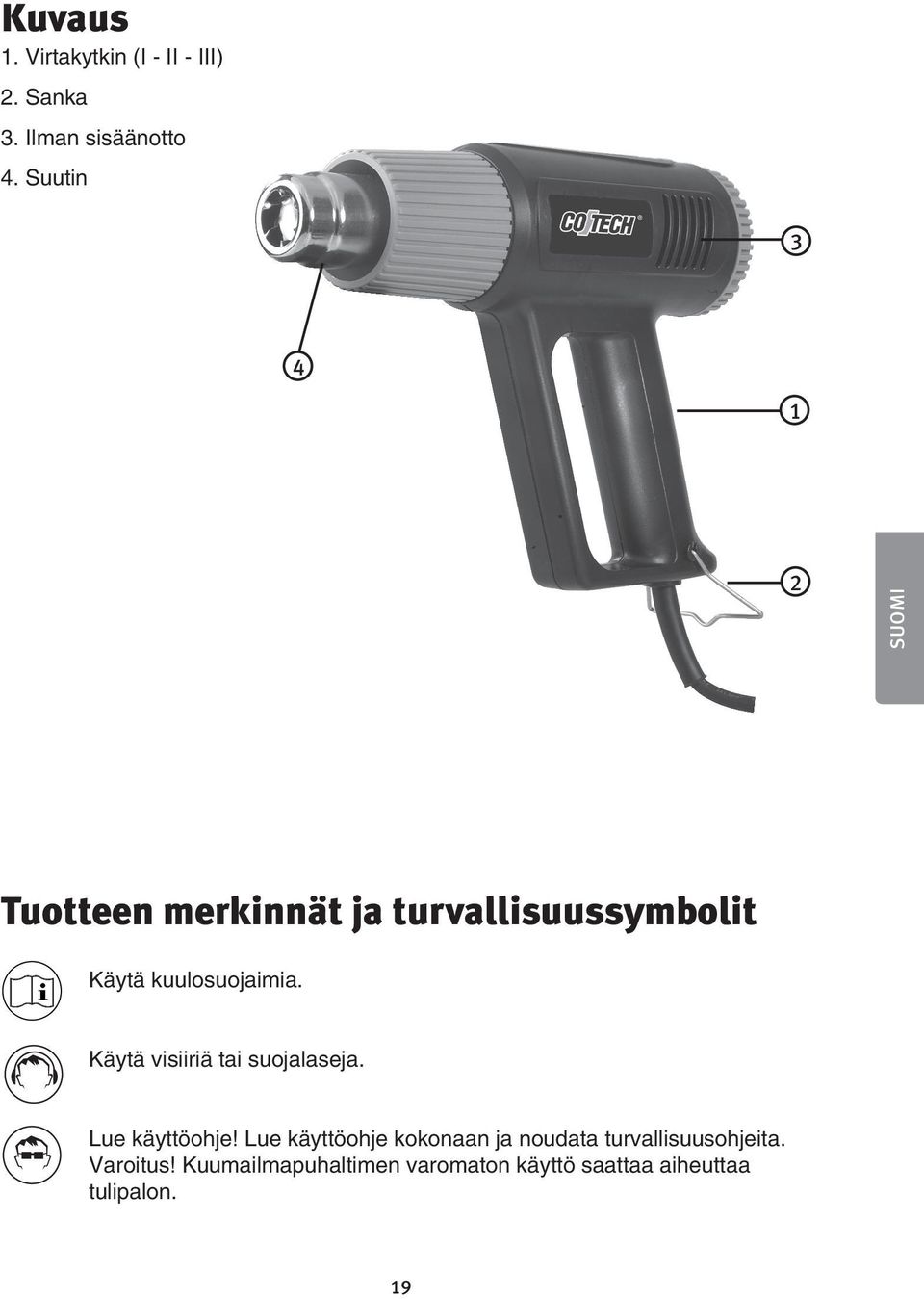 Käytä visiiriä tai suojalaseja. Lue käyttöohje!