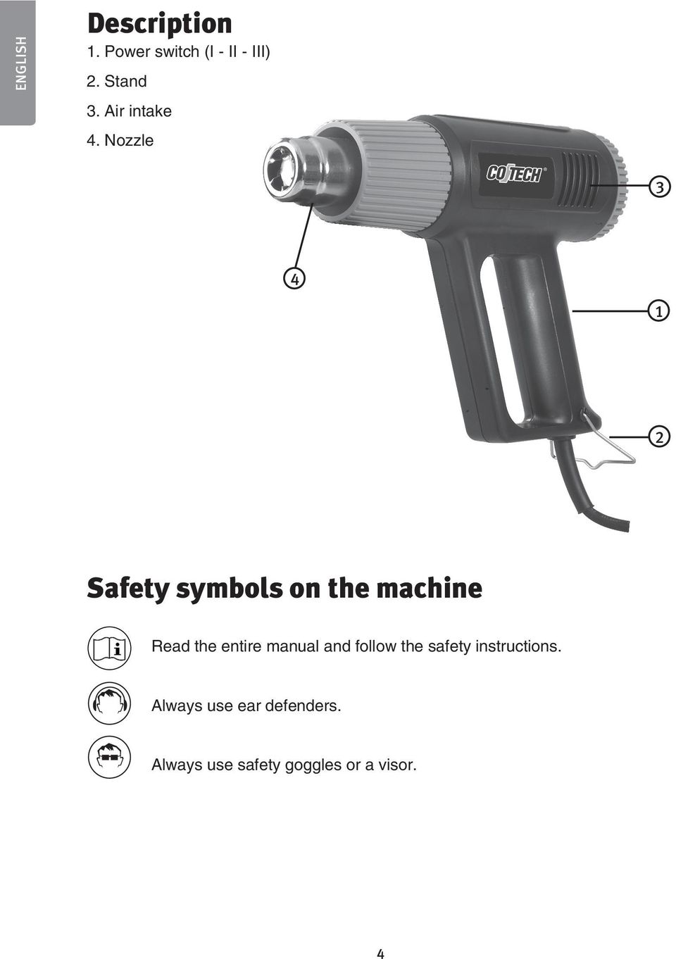 Nozzle 3 4 1 2 Safety symbols on the machine Read the entire